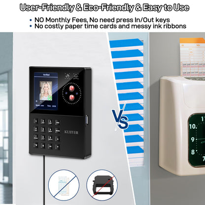KUIIYER 3 in 1 Employees Time Clocks for Small Business (Face + Palm Print + Password) Employee Clock in & Out Machine Biometric Attendance Punch Clock Recorder Tracker (No Monthly Fee)