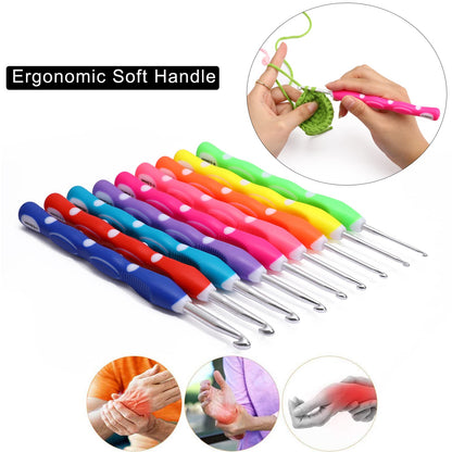 Looen Crochet Hooks Set-Yarn Needles Coloured Aluminum with Storage Case Rubbery Handle Ergonomic Comfort Grip DIY Craft Handmake Kit 64pcs