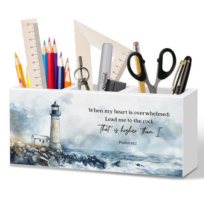 WODMIS Christian Coastal Beach Pen Pencil Holder for Desk, Christian Gifts for Women Men, Nautical Lighthouse Bible Verse Wooden Box Organizer Decorations for Home Office Desk Accessories Tabletop