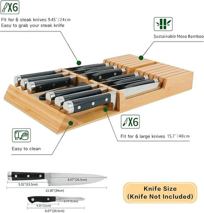 Utoplike in-Drawer Knife Block Bamboo Kitchen Knife Drawer Organizer, Handle Steak Knife Holder Without Knife, Fit for 12 Knives and 1 Sharpening Steel (Knives Not Included)