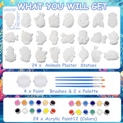 Yamgqus 24 Pcs Paint Your Own Plaster Jungle Animals Painting Kit, DIY Ceramic Arts and Crafts for Kids and Adults, Children Birthday Gift Party Event (Ocean)