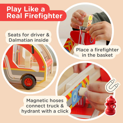 Nene Toys Wooden Fire Truck Toy Set – FSC Fire Engine with Rotating Ladder, Magnetic Hose, Hydrant, 3 Firefighters, Dalmatian & Accessories – Durable Wood Truck Toy for Kids 2+