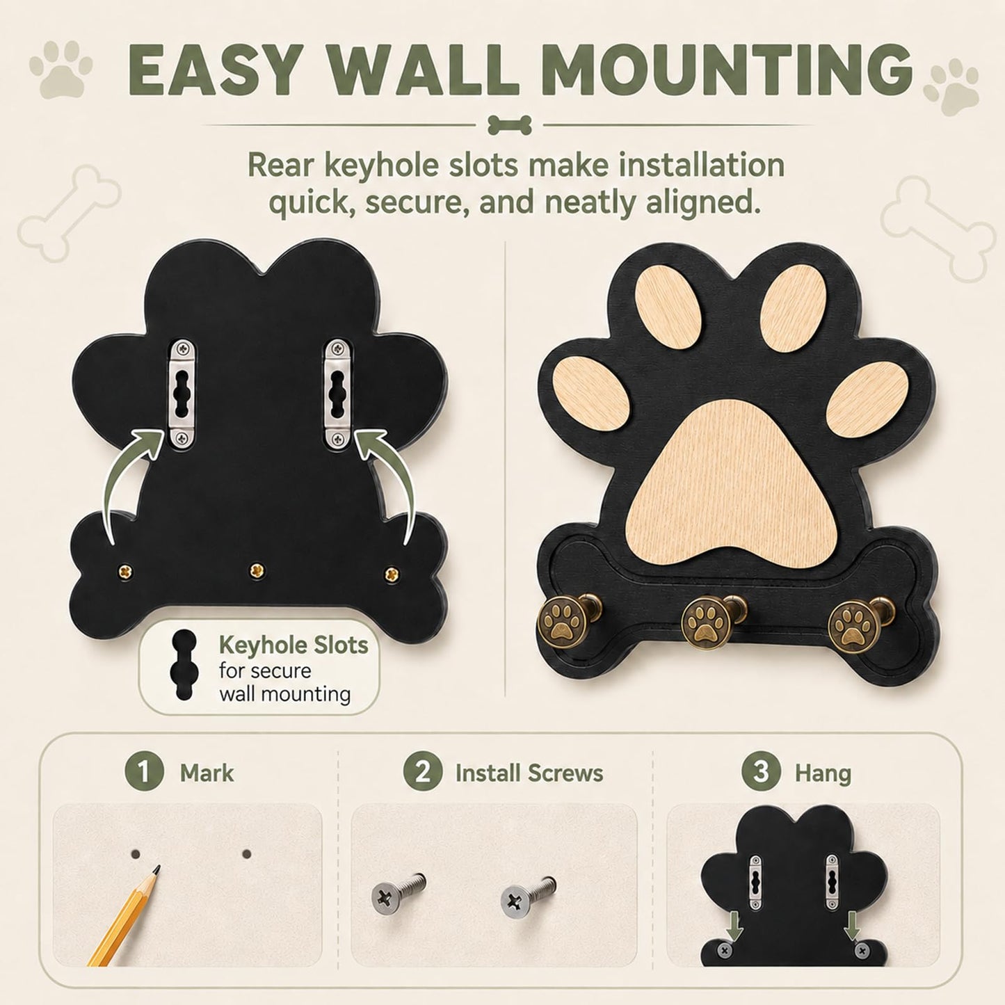 MLLNFUE 2 Pack Dog Leash Holder for Wall, Wooden Key Holder Wall Mount with 3 Metal Hooks, Dog Paw Organizer for Dog Owners and Pet Lovers (Black)