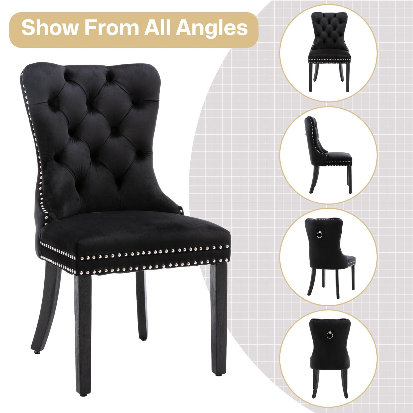 Homedraft Velvet Dining Chairs Set of 4, Nikki Collection Dining Room Chairs with Wood Legs and Pull Ring, Luxury Side Chair with Nailhead Trim and Button Tufted Back, Black