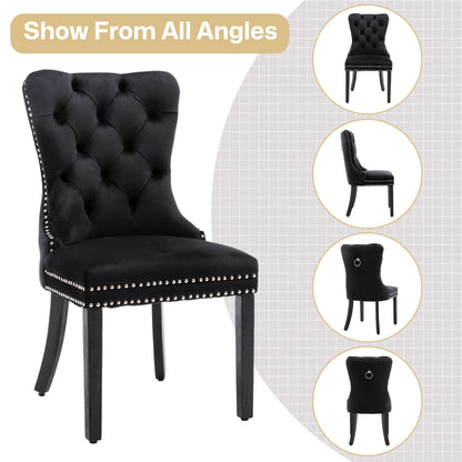 Homedraft Velvet Dining Chairs Set of 4, Nikki Collection Dining Room Chairs with Wood Legs and Pull Ring, Luxury Side Chair with Nailhead Trim and Button Tufted Back, Black
