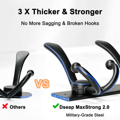 Dseap Coat Rack Wall Mount, Heavy Duty 12-Gauge Base vs Flimsy 1mm, Double-Thick Solid Anti-Snap Hooks, 16” Stud-Mount, Stainless Steel Hanger for Clothes Hat Entryway Closet Mudroom, Black