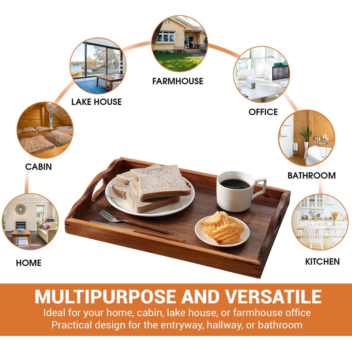 MOOKOMI Nature Walnut Wooden Serving Tray with Handles, Solid Wood Food Tray for Coffee, Breakfast, Dinner, Ottoman,16.6x11.8x2.4 inches