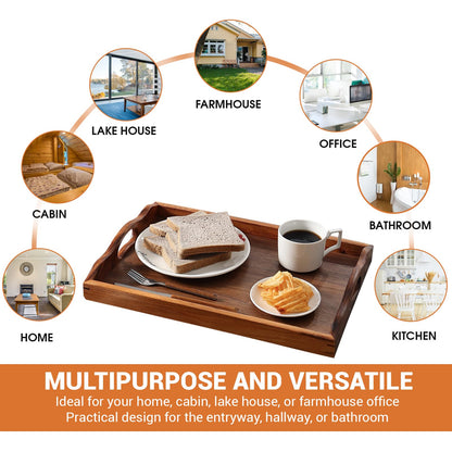 MOOKOMI Nature Walnut Wooden Serving Tray with Handles, Solid Wood Food Tray for Coffee, Breakfast, Dinner, Ottoman,16.6x11.8x2.4 inches