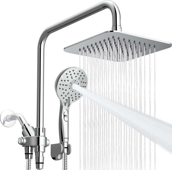 Ryamen Dual Shower Head Combo, 8'' High Pressure Rain Shower Head with Handheld Spray, 6+1 Spray Settings Handheld Showerhead, Height Adjustable, One-touch Pause Button, Chrome Polished