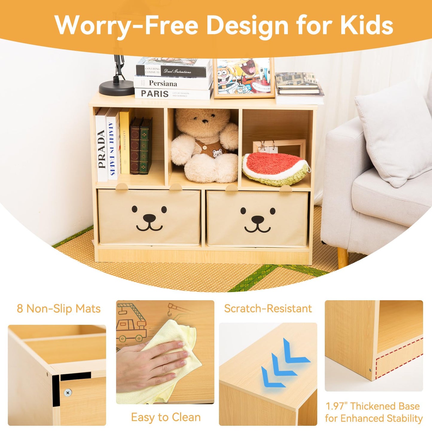 OgiOgi Montessori Shelf,Wooden Kids Storage Organizer for Toddlers,5-Section Storage Cabinet,2-Shelf Bookcase,Book Shelf for Kids Rooms, Book Storage Display for Bedroom Classroom(Nursery-Burlywood)