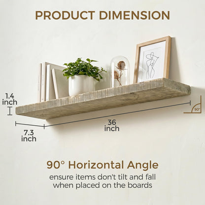 Axeman 36 Inch Rustic Wooden Floating Shelves for Wall|Solid Reclaimed Wood Wall Mounted Shelves with Invisible Brackets for Books Bathroom Kitchen Storage|8 Inch Deep|2 Pack, Grey
