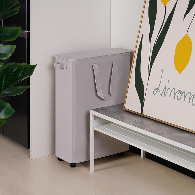 Slim Laundry Hamper with Lid and Wheels, Small Rolling Laundry Basket with