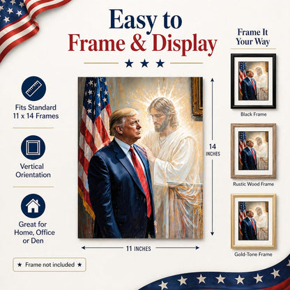 The Grace of God: Jesus & Trump Inspirational Painting 11x14 Unframed Poster - Religious Art Faith Leadership MAGA American Flag Patriotic Artwork for Home Office, Living Room, Conservative Christians