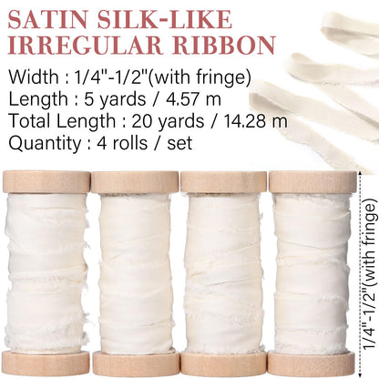 Mindsoft Frayed Chiffon Ribbon for Craft Silk Satin Ribbons 1/2-1/4 Inch x 20 Yard Handmade Fabric Strips with Wooden Spool for Valentines Day Wedding Gift Wrapping(Ivory)