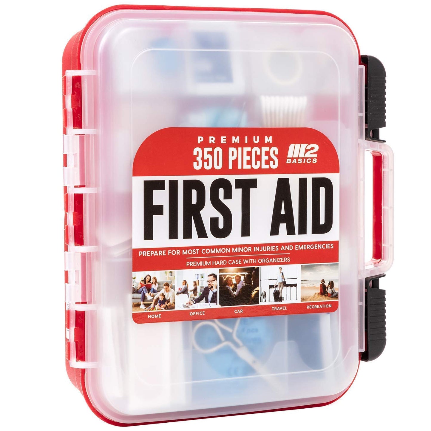 M2 BASICS Professional 350 Piece First Aid Kit | Business, Home, Car | Hard Case, Dual Layer, Wall Mountable | Emergency Kit, Emergency Medical Kit
