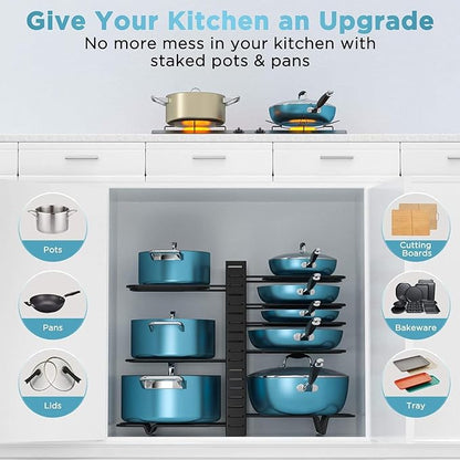ORDORA Pots and Pans Organizer for Cabinet 16.61 Height 2 Pack, 8 Tier Pot Organizers Rack with 3 DIY Methods, Adjustable Pan Organizer under Cabinet Kitchen Organization and Storage