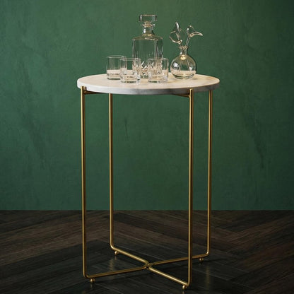 ALPOME Real Marble Side Table, No Assembly Required Round End Table for Living Room, 15" Modern Small Accent Bedside Table with Gold Metal Legs, Waterproof Nightstand for Sofa, Bedroom, White