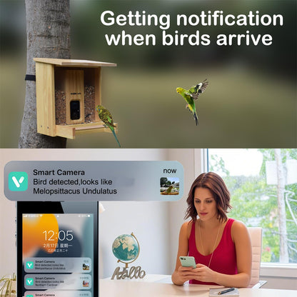 IMOCAM Smart Wooden Bird Feeder with Camera-Solar Power,Bird AI Identifier,1080p HD,5200mAh Battery,3.5L Extra Large,Twin Seed Bins