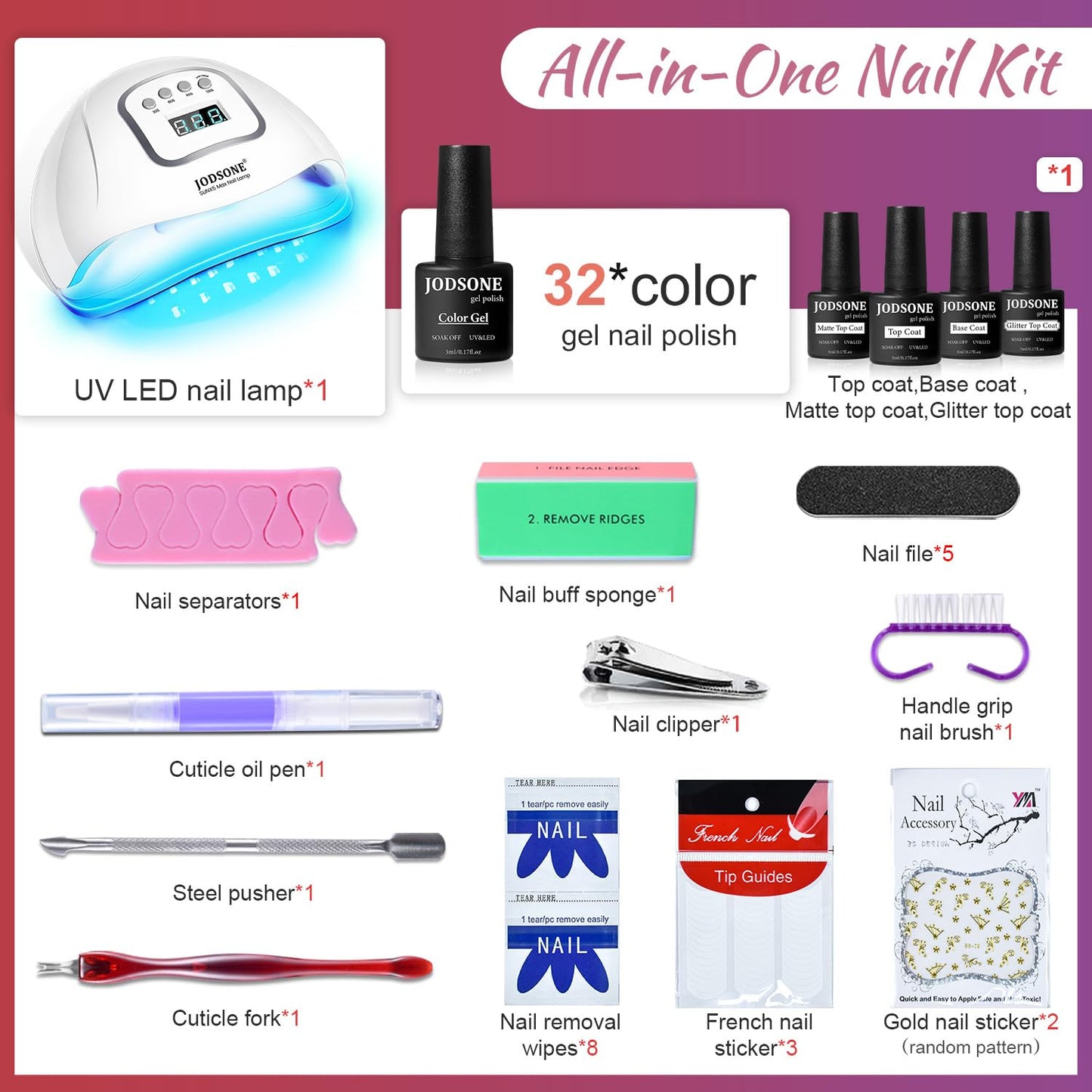 JODSONE Gel Nail Polish Kit with U V Light 32 Colors Gel Polish Nail + 4 Functional Adhesive Bottles Kit Soak Off Manicure Tools Gifts for Women