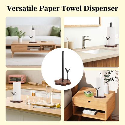 Wooden Paper Towel Holder Countertop,Kitchen Paper Towel Holder with Floral Base & Leaf-Shaped Accent with -Stable & Durable, Anti-Slip, Paper Towel Roll Holder for Farmhouse/Kitchen/Dining Décor