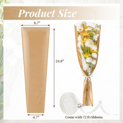 Mauproy 50 Pack Flower Bags for Bouquets, Flower Wrapping Paper Kraft Floral Wrap Sleeves with Ribbons for Graduation Florist Supplies Wedding (24.8 x 8.7 Inches)