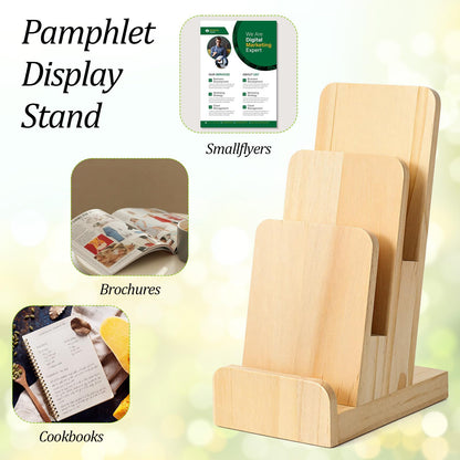 Oqqlin 2 Pcs 3-Tier Pine Wood Pamphlet Display Stand, 3 x 4 x 10 Inch Pine Wood Literature Holder Wooden Trifold Flyer Display Stand for Menu, Magazine, Pamphlet, Booklets