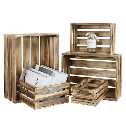 MACVAD 5-Piece Rustic Burnt Brown Wooden Crates Set, Wall Mountable Slatted Storage Crates with Handles, Farmhouse Wooden Crates for Display & Organizer for Home Decor