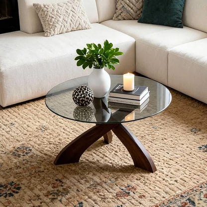 Honyee Glass Coffee Table, 30.7” Round Coffee Table with Tempered Glass Top, Walnut Wood X-Shaped Base, Stable Modern Center Table for Living Room, Apartment and Small Spaces