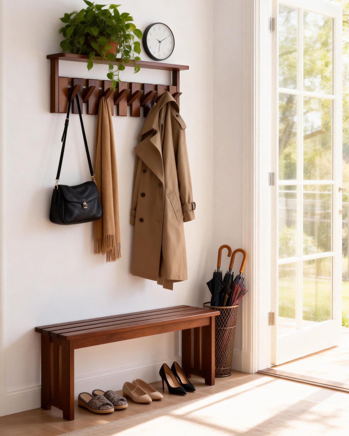 BLHOVNO Wooden Coat Rack Wall Mount with Shelf, Heavy Duty Entryway Organizer with 8 Hooks,Coat Hooks Hanger for Coats, Hats, Bags & Towels, Walnut Wall Hanger for Hallway, Bedroom, Kitchen (8 Hooks)