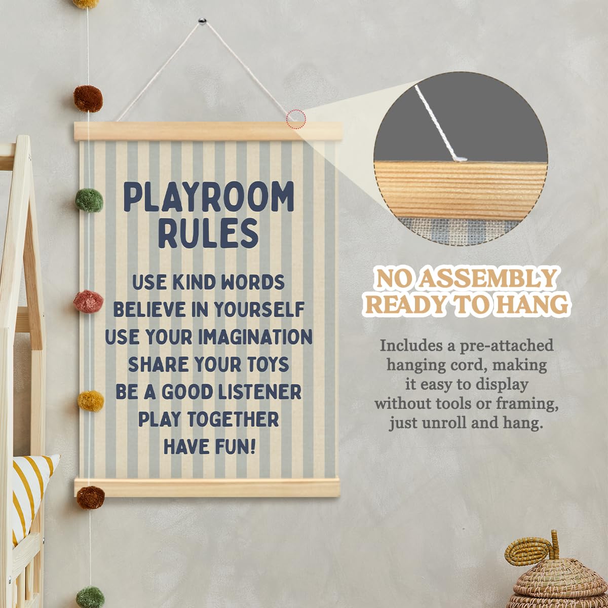 MOFUYU Playroom Wall Decor,Play Room Essentials,Nursery Playroom Rules Wall Art with Wooden Frames,Blue Poster Hanger Frame for Playroom Nursery Bedroom 12x16 Inch