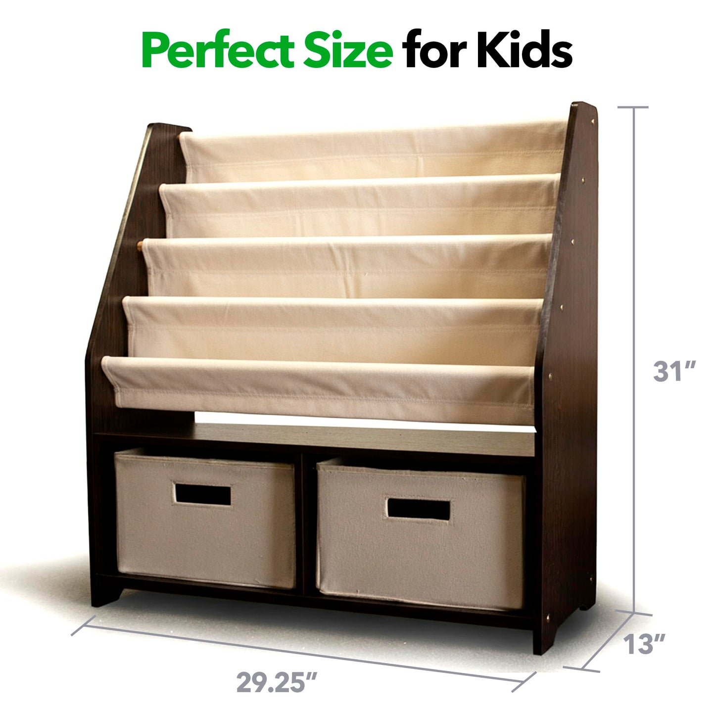 WONKAWOO Kids Sling Bookshelf Wooden Rack, 4 Levels of Canvas Slings for Large Children Books and 2 Storage Bin Boxes for Toys Organizer, Espresso Shelf with Natural Fabric Slings