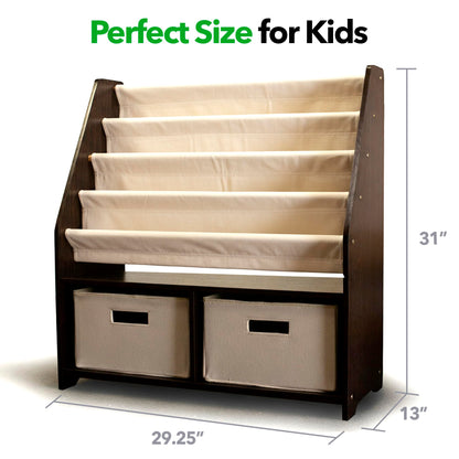 WONKAWOO Kids Sling Bookshelf Wooden Rack, 4 Levels of Canvas Slings for Large Children Books and 2 Storage Bin Boxes for Toys Organizer, Espresso Shelf with Natural Fabric Slings