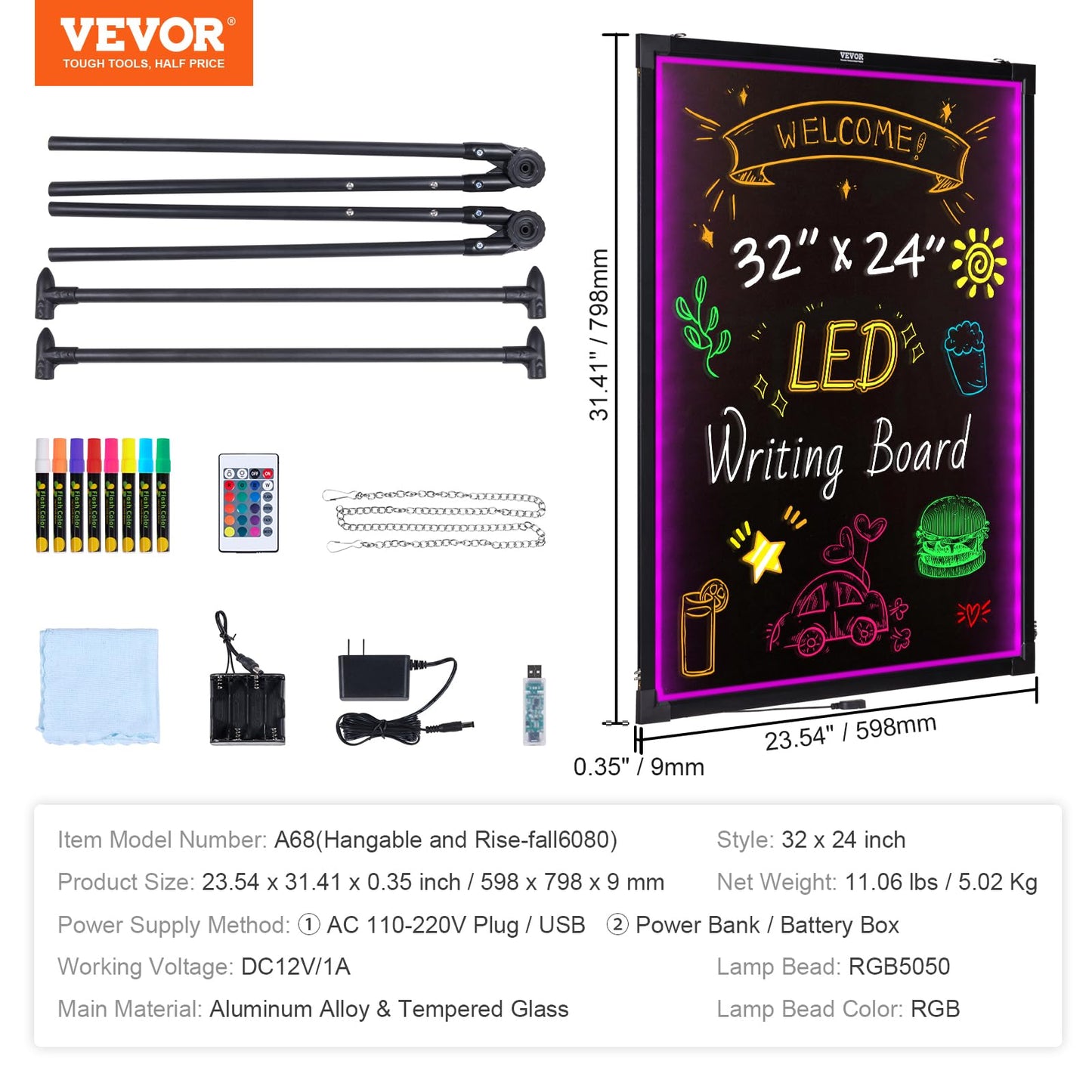 VEVOR 32"x24" LED Message Writing Board, Menu Sign Boards, Illuminated Erasable Lighted Chalkboard, Neon Effect Drawing Panel with 8 Fluorescent Chalk Markers and Remote Control