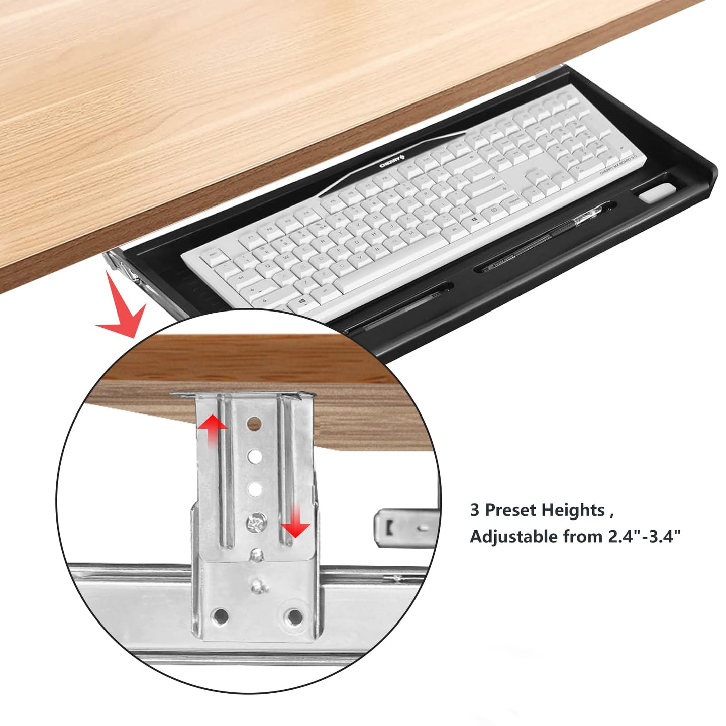 TOOCUST Under Desk Keyboard Tray, 20" Wx11"D Sturdy Key Board Tray Under Desk Slide with Pen Tray, Desk Extender with Pen Holder,Black