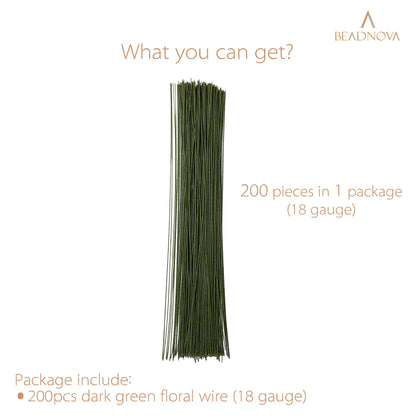 BEADNOVA Floral Stem Wire 200pcs 18 Gauge Fake Flower Stems Green Floral Wire for Flower Arrangement Florist DIY Bouquet (Dark Green, 200 Pcs)