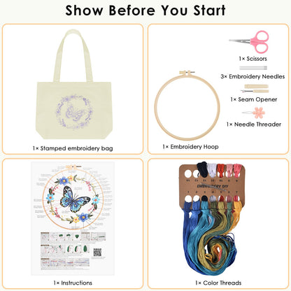 ERKOON Canvas Tote Bag Embroidery Kit for Beginners, Floral Arts Crafts Cross Stitch Kits for Adults Including Stamped Embroidery Bag with Hoops, Needle, Instruction and Color Threads (Butterfly)