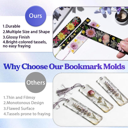 LET'S RESIN Bookmark Silicone Molds Set - 3 Shapes with 20Pcs Tassels for Epoxy Resin, Resin Bookmark Molds Silicone for DIY Handmade Bookmarks & Personalized Craft Gifts