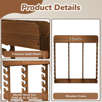WYJREES Wooden Hat Racks for Baseball Caps, 40-Slot Wall Mount Baseball Cap Rack, Hat Organizer for Display and Storage, Vertical Cap Hanger for Bedroom, Entryway or Closet