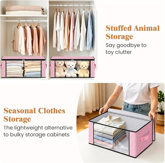 Fab totes 35L Closet Organizers and Storage, Foldable Under Bed Storage Containers, Storage bags for Organizing Bedroom, Closet, Clothing,Organization with Handle (6 Pack,Pink)