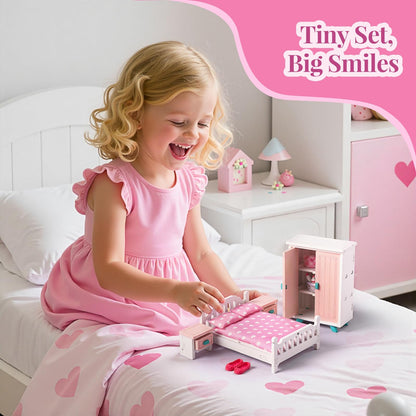 BABESIDE Mini Dollhouse Bedroom Furniture Set,7 PCS Pink Wooden Doll House Accessories for 3 Inch Dolls with Bed, Nightstands, Wardrobe, Pillows & Mattress – Gift for Girls, Kids Miniature Room Toy