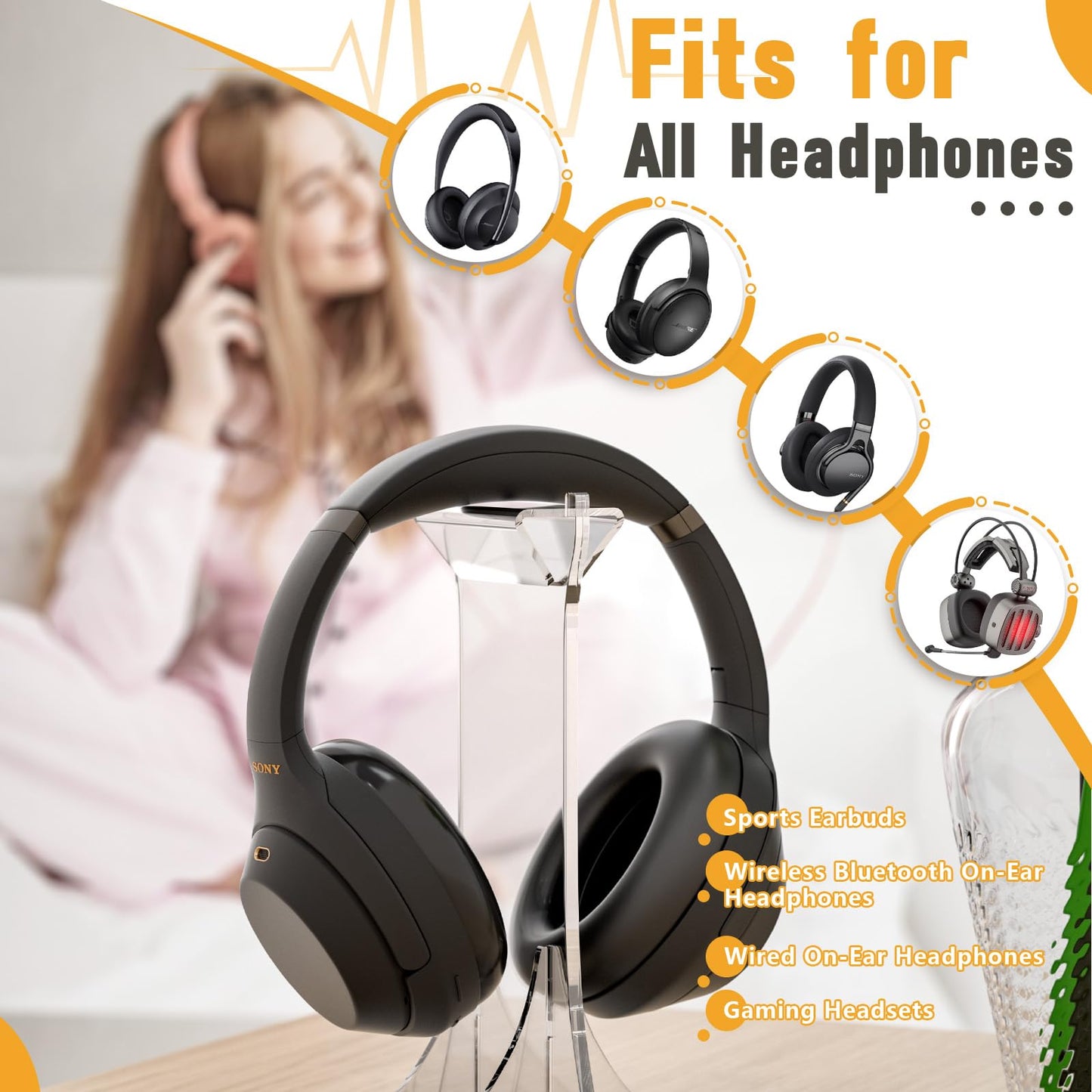 Desing Wish Acrylic Headphone Stand for Desk Non-Slip Universal Headphone Holder Gaming Headset Stand Headset Hanger for All Headphones Size