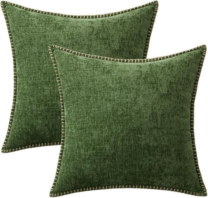 MIULEE Pack of 2 Euro Sham Pillow Covers 26x26 Inch Moss Green Farmhouse Decorative Throw Pillow Covers with Stitched Edge Soft Chenille Pillow Covers for Couch Sofa Bed Living Room, Forest Green