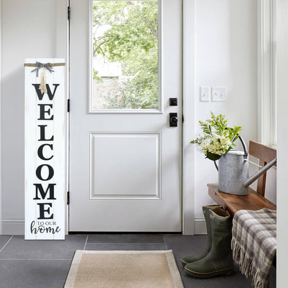 MODE HOME Large Vertical Welcome Sign for Front Door Porch, 47x10 Inch Solid Wood Farmhouse Porch Decor, 3D Raised Letters Rustic Welcome to Our Home Sign with Beads & Bow, No Assembly Required, Whitewashed