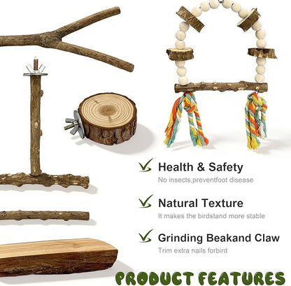6 pcs Natural Wood Bird Perch Set, Claw-Trimming Fork Perch, Budgie Climbing Standing Branch Toy, Chewing Stick Cage Accessories, Suitable for Budgies, Lovebirds, and Cockatiels