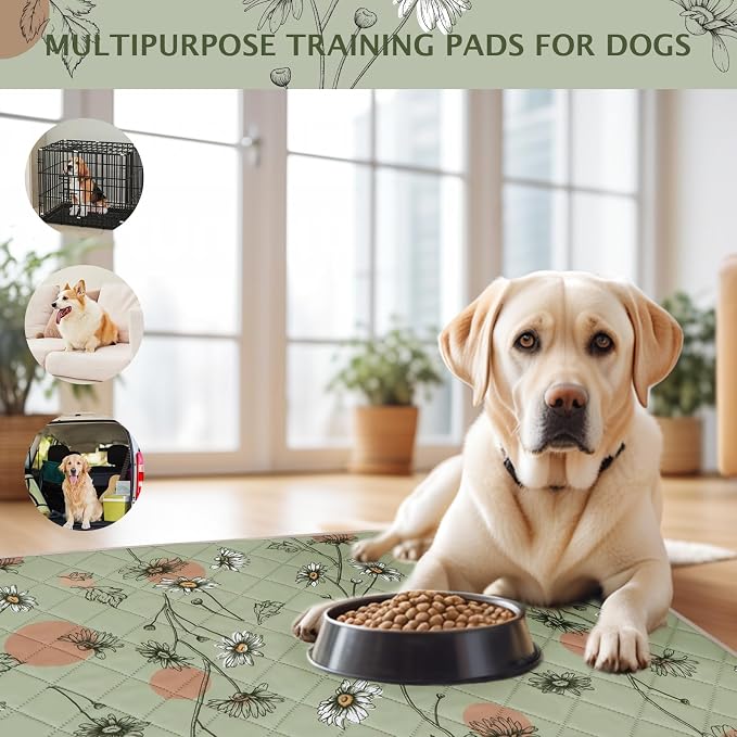 IEUUMLER Washable Pee Pads for Dogs, 2 Pack Non-Slip & Waterproof Pack Whelping Pad, Reusable Washable Puppy Potty Training Pad with Fast Absorbent for Playpen EU007 (Grass Green Daisy, 24"X18"-2pcs)