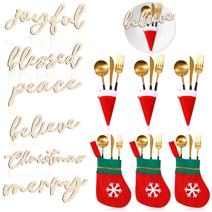 Geetery 24 Set Christmas Cutlery Tableware Holders Christmas Santa Hats Silverware Holders Christmas Socks Silverware Holders and Wooden Cutout Letter Signs for Party Dinner Table Decorations