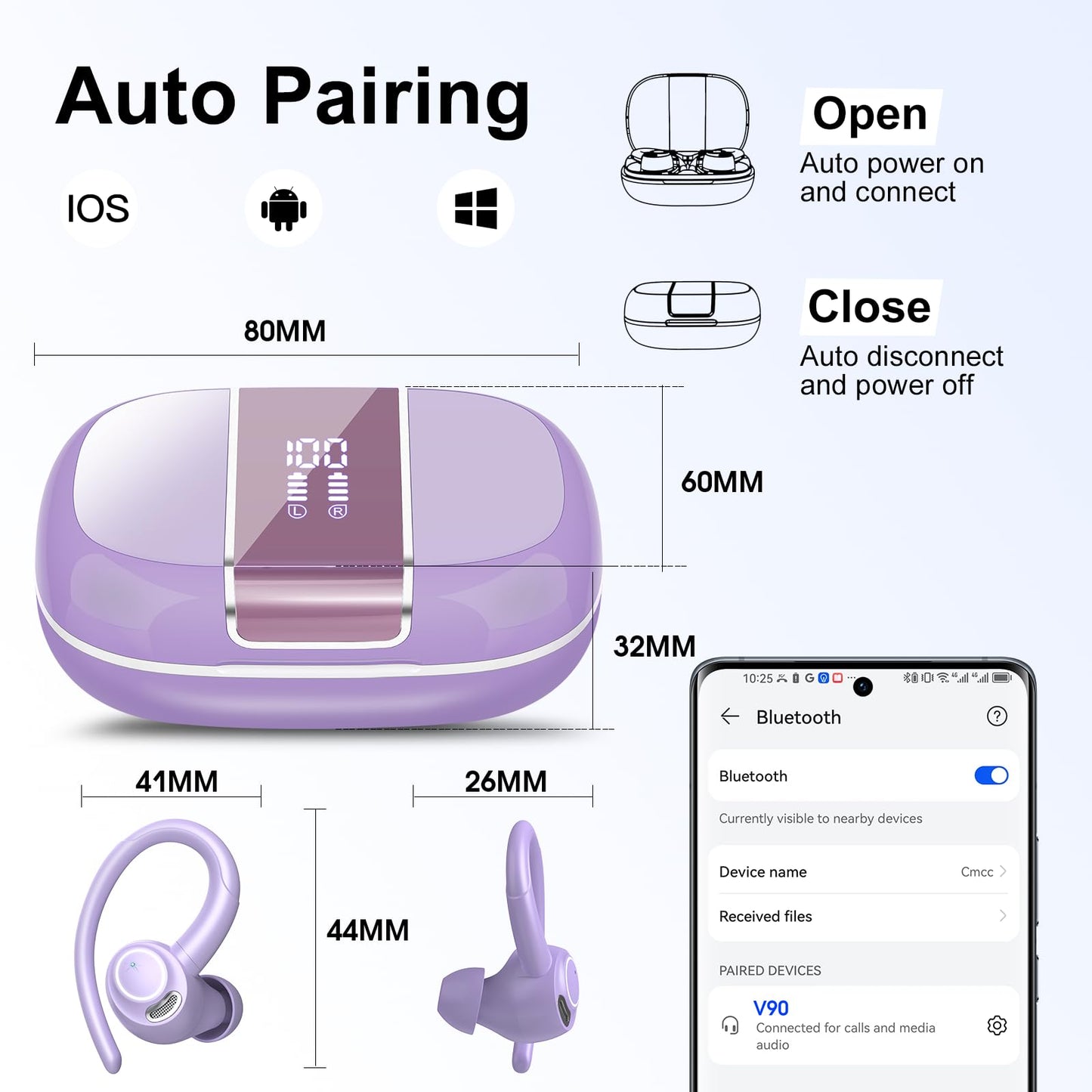 Wireless Earbuds Bluetooth 5.3 Headphones Sports, 48H Over Ear Buds with ENC Mic, Stereo Deep Bass Bluetooth Earbuds with Secure Earhooks, LED Display, IPX7 Waterproof Earphone for Running/Gym Purple