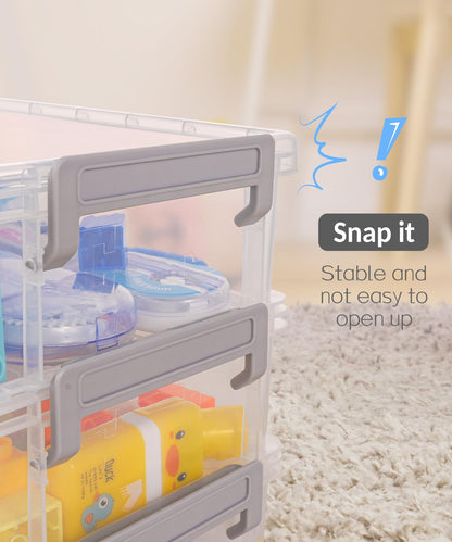 Sooez 6 Pack Small Plastic Containers with Lids, 6.4" x 4.4" x 2.7", Clear Crayon Box Pencil Pouch, Stackable Stroage Organizer for Beads Craft and Art Supplies, Storage Bins for Jewelry and Stickers