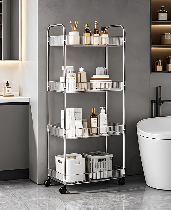 Sooyee Clear 4-Tier Plastic Rolling Utility Cart with Wheels, Multi-Functional Storage Trolley for Office, Living Room, Kitchen, Movable Storage Organizer with Wheels