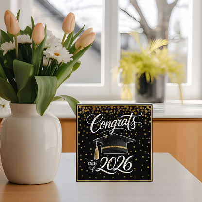 Gold Black Graduation Cap Wood Box Sign Desk Decor, Class of 2026 Academic Modern Decorative Wooden Block Box Sign Decorations for Home Office Shelf Table Decor 6x6 Inches